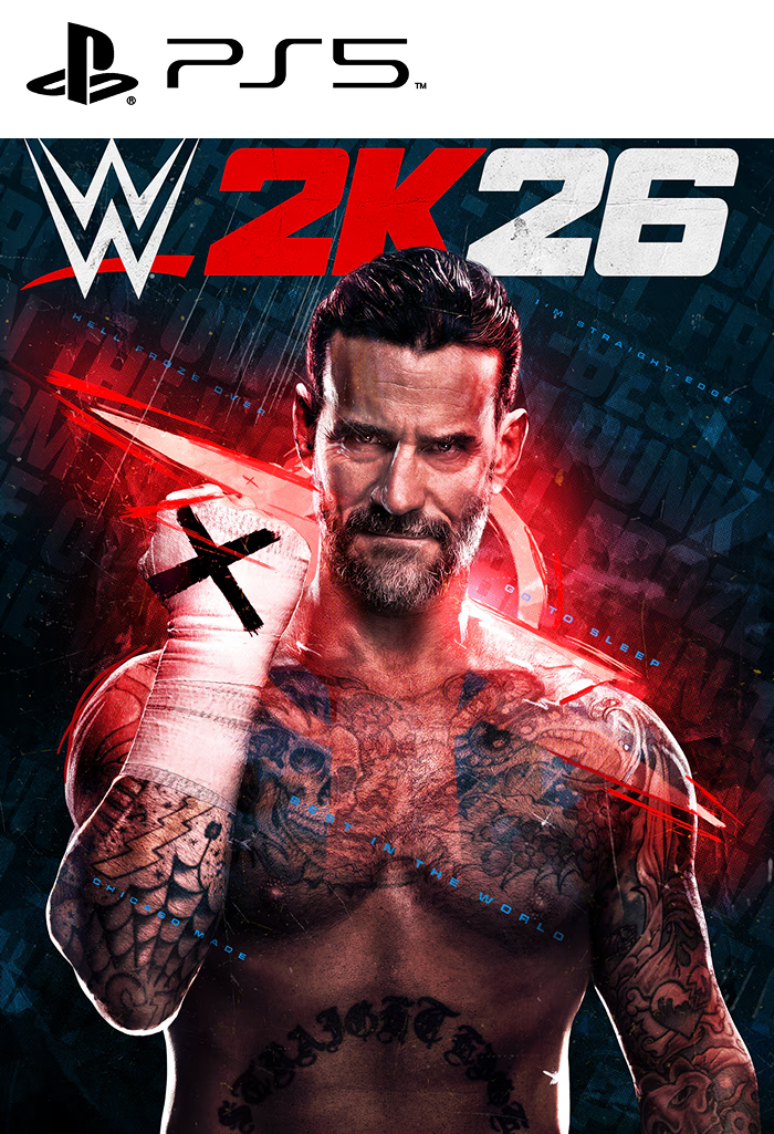 Group image of WWE 2K26 PS5 game cover with colorful wrestling characters and dynamic action scene.