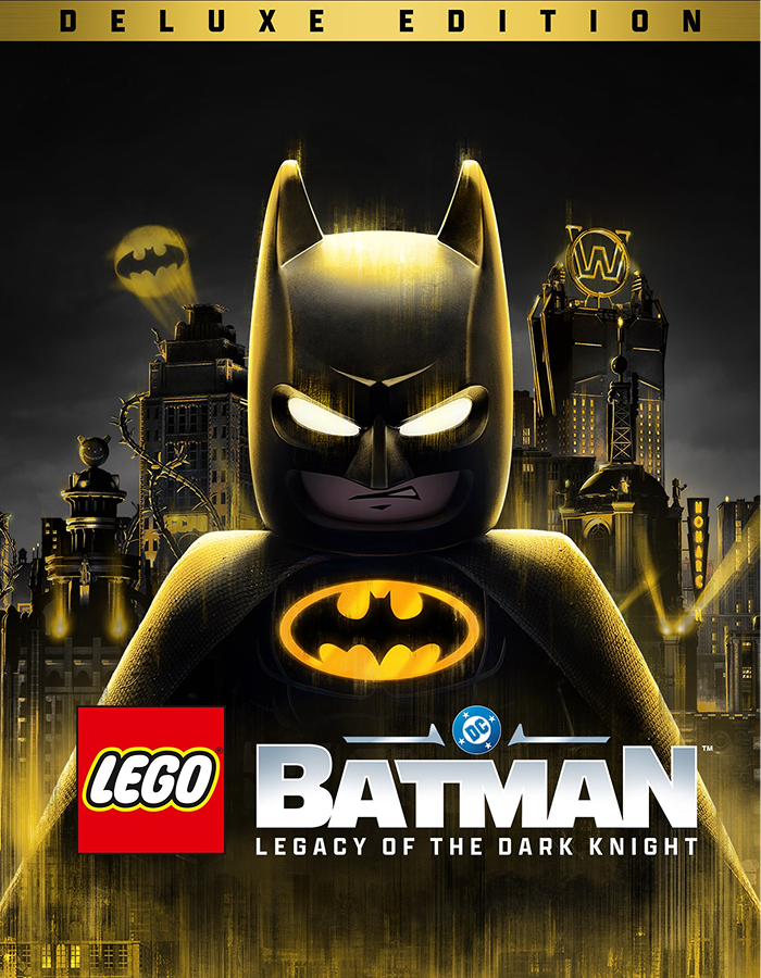 LEGO Batman: Legacy of the Dark Knight Deluxe Edition PC game cover art, featuring Batman in a dark, detailed scene with LEGO style.