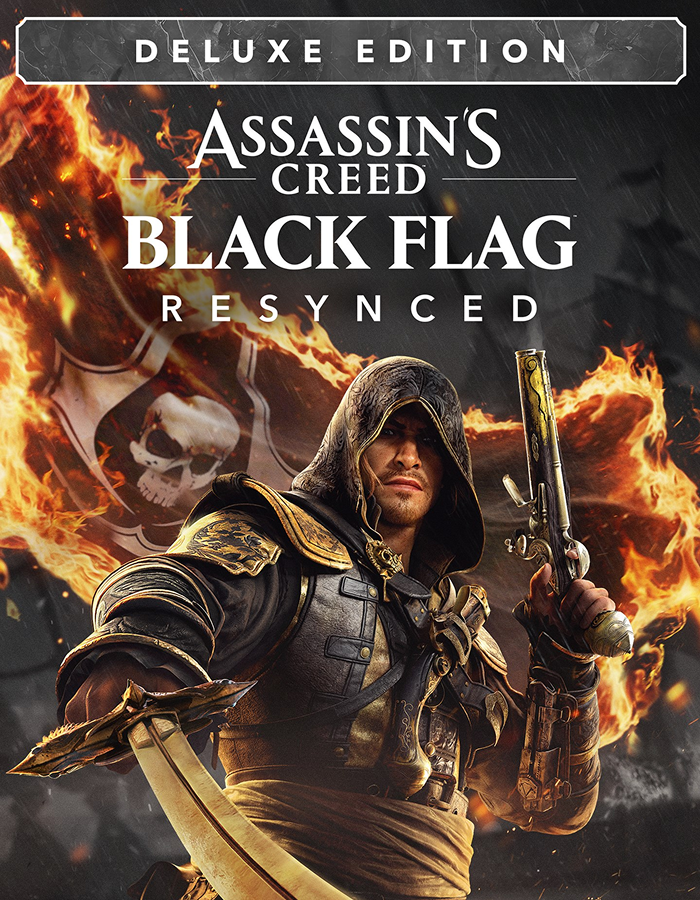 Assassin's Creed Black Flag Resynced Deluxe Edition PC game box art displayed on a computer screen.